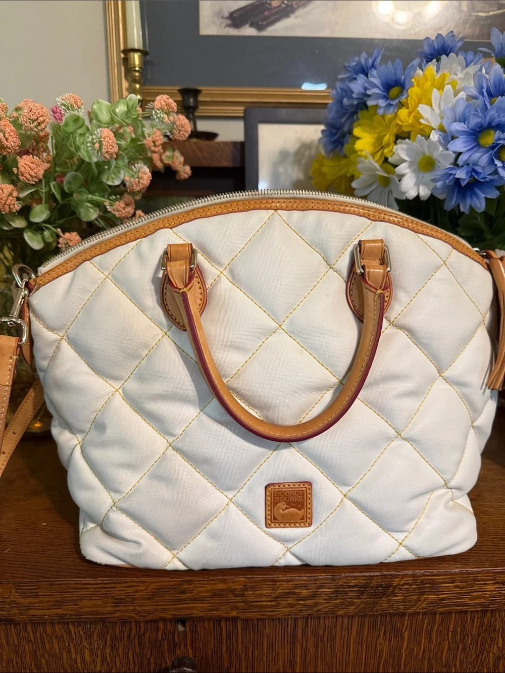 Dooney & Bourke White Quilted Satchel with Tan Leather Trim and Handles